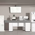 Commercial Equipment Setup With Service Desk Computer Printer Information Display And Large Monitor