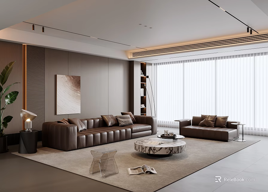 Modern Living Room Interior With Leather Sofa Coffee Table Large Window And Decorative Artwork 3d model