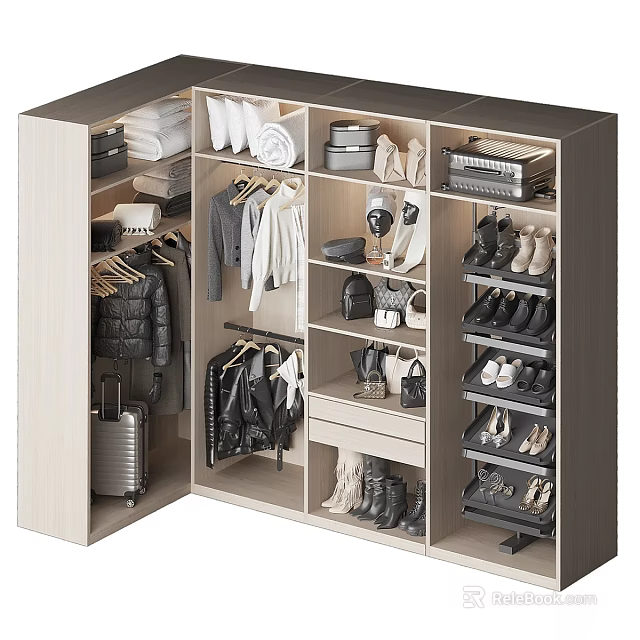 Modern Organized Wardrobe Interior With Hanging Folded Clothes Shoes Hats And Bags 3d model 