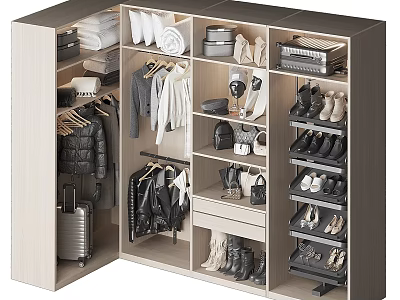 Modern Organized Wardrobe Interior With Hanging Folded Clothes Shoes Hats And Bags 3d model