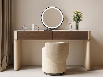 Modern Minimalist Dressing Table with Round Illuminated Mirror Beige Stool Vase with Flowers and Cosmetics 3d model