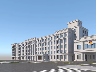 White Multistory Building With Numerous Windows Front Entrance And Emblem Under Blue Sky 3d model