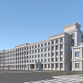 White Multistory Building With Numerous Windows Front Entrance And Emblem Under Blue Sky