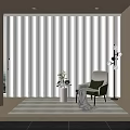 White Vertical Striped Sheer Curtains In Interior With Armchair Side Table Floor Lamp And Rug
