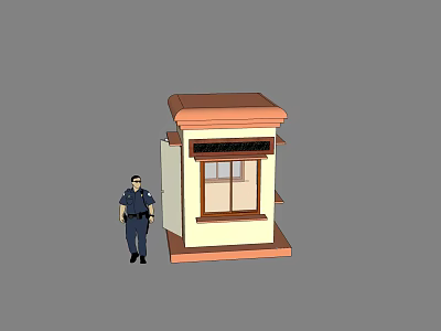 Security Guard Standing Next to Small Booth With Brown Roof and Window 3d model