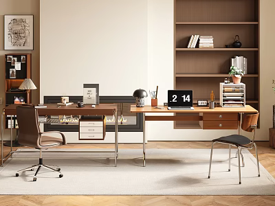 Modern Home Office Desk Interior With Bookshelf Chair Lamp And Office Supplies 3d model