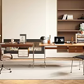 Modern Home Office Desk Interior With Bookshelf Chair Lamp And Office Supplies
