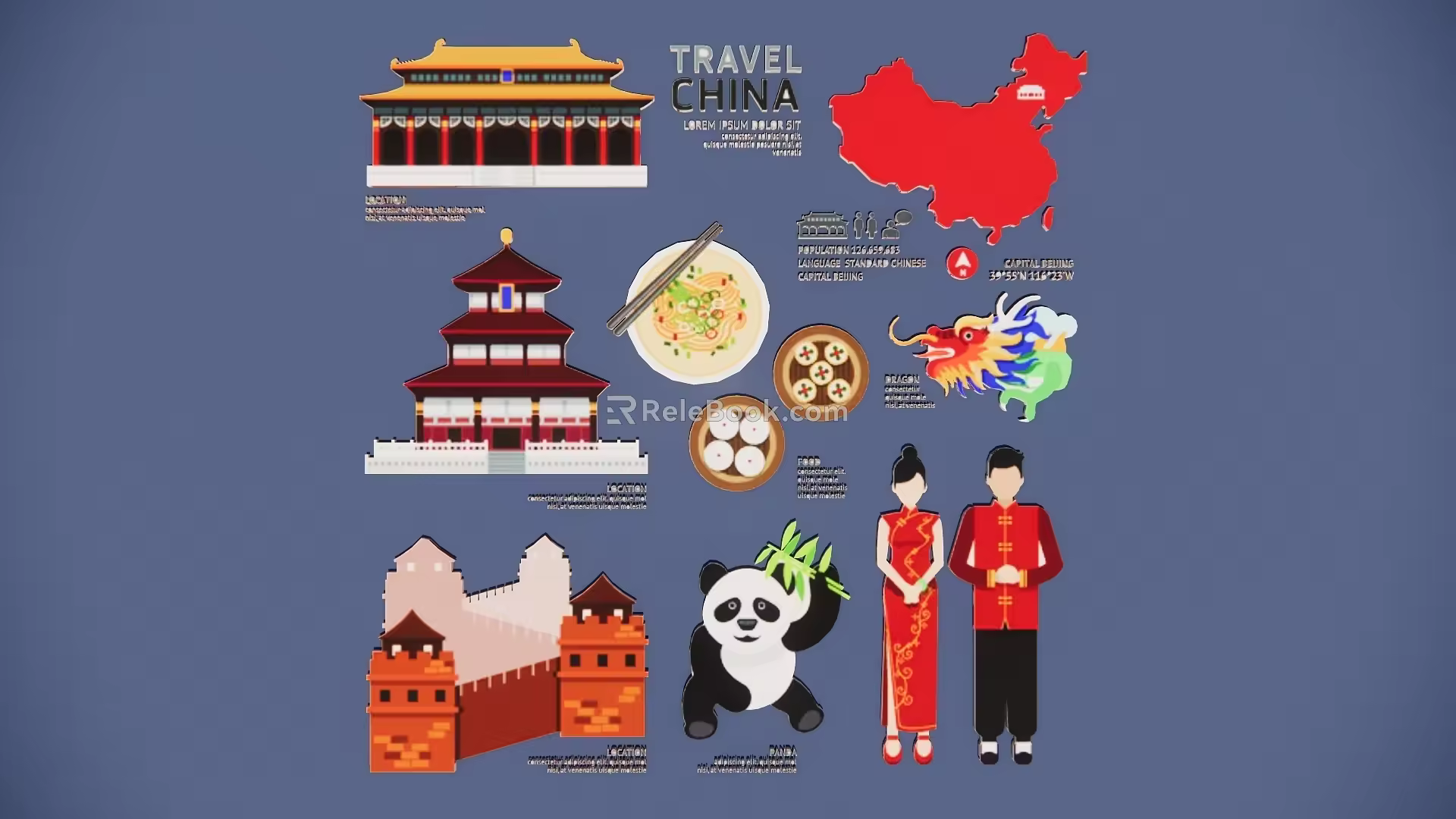 Modern 2D World Famous Scenic Spots Landmark Architecture Tourism Characters Gourmet Cartoon Elements 3d model