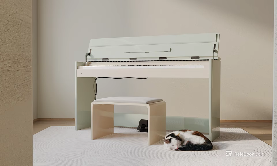 Light Green Piano Musical Instrument with Stool and Cat Lying on Carpet 3d model 