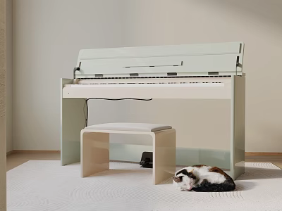 Light Green Piano Musical Instrument with Stool and Cat Lying on Carpet 3d model
