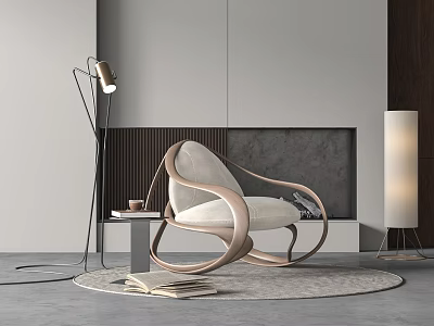 Modern Interior Featuring Unique Rocking Chair Side Table Floor Lamp And Area Rug 3d model