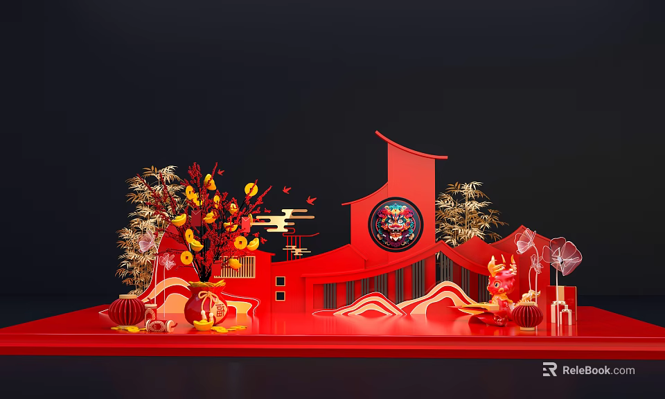 Traditional Chinese Red Art Installation with Circular Ornament Golden Decorations and Tree Branches 3d model 