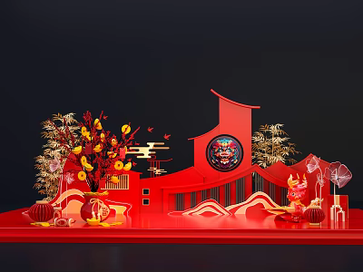 Traditional Chinese Red Art Installation with Circular Ornament Golden Decorations and Tree Branches 3d model