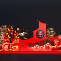 Traditional Chinese Red Art Installation with Circular Ornament Golden Decorations and Tree Branches