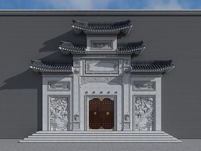Classic Chinese Entrance Gate with Traditional Pagoda Style Roof and Intricate Carved Panels 3d model