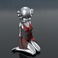 Detailed Metallic Doll With Silver Head Red Accents And Kneeling Pose
