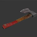 Vintage Axe Weapon With Metal Head And Red Brown Wooden Handle On Smooth Surface