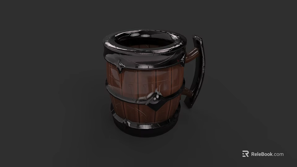 Rustic Wooden Barrel Shaped Mug With Metal Accents And Handle Design 3d model 