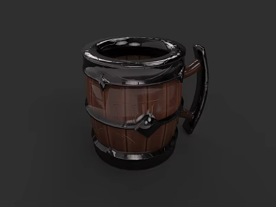 Rustic Wooden Barrel Shaped Mug With Metal Accents And Handle Design 3d model