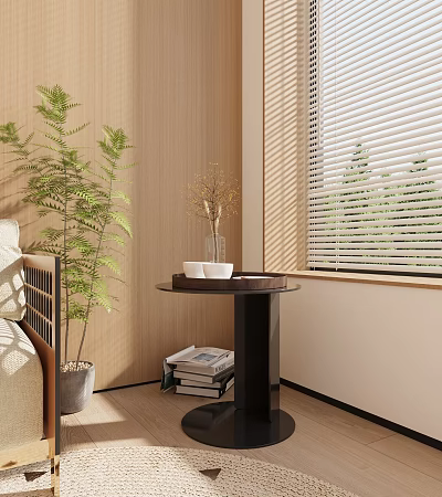 Round Black Side Table Next to Sofa with Decorative Vase Magazines and Sunlight Through Blinds 3d model