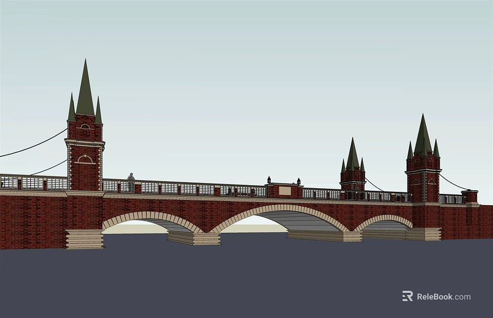 Red Brick Arched Bridge with Spired Towers and Ornate Railings Design 3d model 