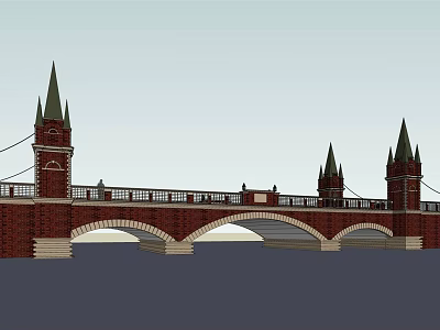 Red Brick Arched Bridge with Spired Towers and Ornate Railings Design 3d model