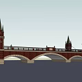 Red Brick Arched Bridge with Spired Towers and Ornate Railings Design