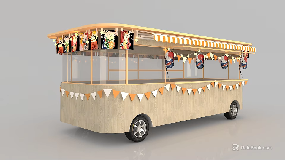 Colorful Food Truck With Orange White Awning And Triangular Flags Decorations 3d model 