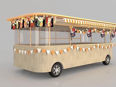Colorful Food Truck With Orange White Awning And Triangular Flags Decorations 3d model