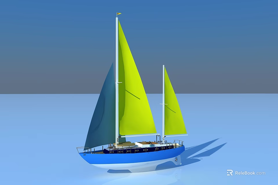 Blue and White Sailboat With Two Yellow Blue Sails on Calm Water and Clear Sky 3d model 