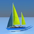 Blue and White Sailboat With Two Yellow Blue Sails on Calm Water and Clear Sky