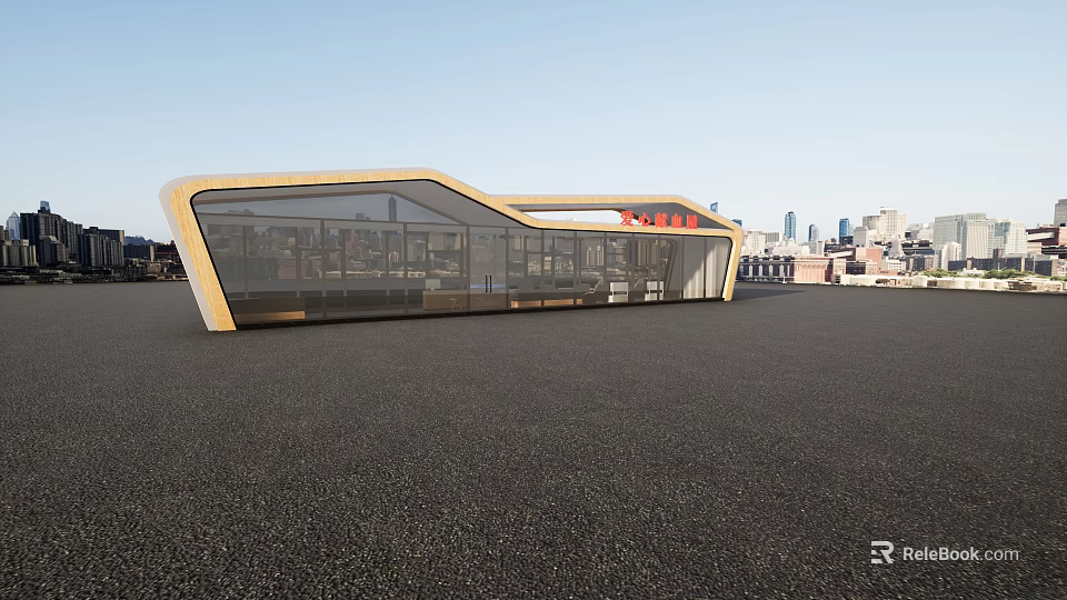 Modern Glass Building With Wooden Frame On Rooftop Against City Skyline 3d model 