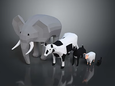 Low Poly Animal Models Featuring Elephant Cow Sheep and Small Cat Figurines 3d model