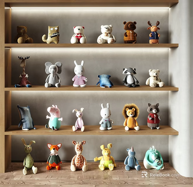 Cute Plush Stuffed Animals With Various Animal Designs On Wooden Shelves 3d model 