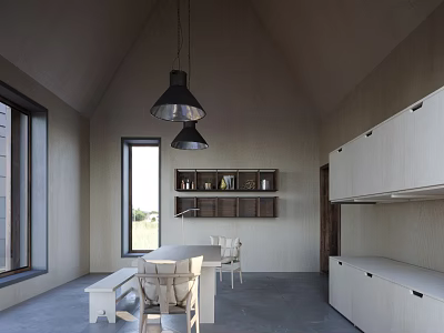 Modern Restaurant Interior With Vaulted Ceiling Black Pendant Lights White Cabinets And Dining Table 3d model