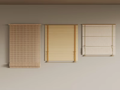 Three Different Blinds Hanging On Light Colored Wall With Various Materials And Neutral Tones 3d model