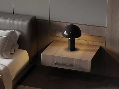 Modern Wooden Nightstand With Drawer And Black Table Lamp Beside Bed 3d model