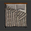 Classic Wooden Bed Frame With Carved Headboard And Striped Blanket With Pillows