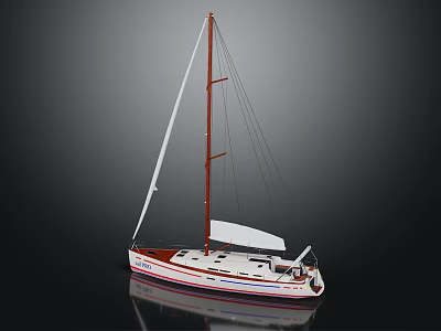 Detailed Sailboat Model As Water Transport With White Sails Red Mast And Shiny Hull Design 3d model