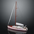 Detailed Sailboat Model As Water Transport With White Sails Red Mast And Shiny Hull Design