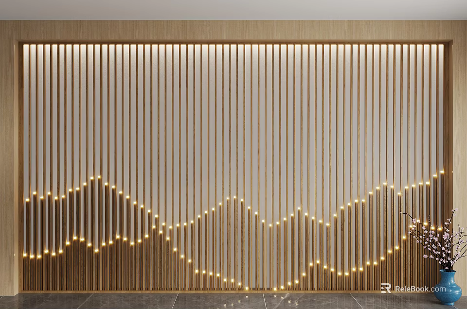 Modern Sofa Background Wall With Wooden Slats And Mountain Shaped Lighting 3d model 