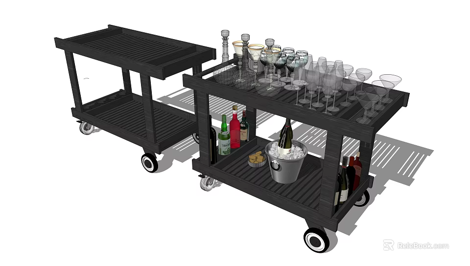Black Mobile Serving Carts With Wine Glasses Bottles And Ice Bucket 3d model