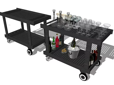 Black Mobile Serving Carts With Wine Glasses Bottles And Ice Bucket 3d model