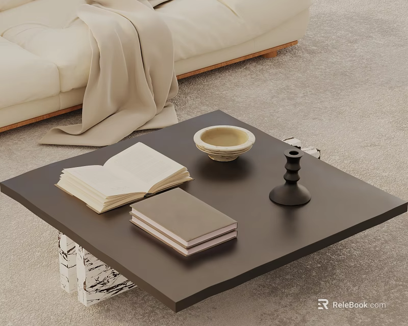 Stylish Beige Sofa Throw Blanket And Black Coffee Table With Books Bowl Candle Holder 3d model 