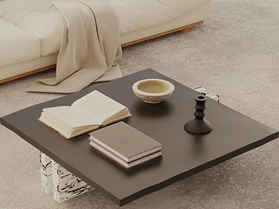 Stylish Beige Sofa Throw Blanket And Black Coffee Table With Books Bowl Candle Holder 3d model