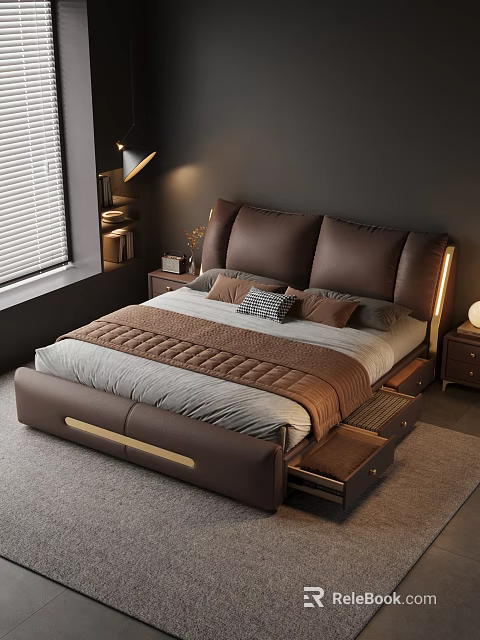 Modern Bedroom Interior With Brown Leather Bed Headboard Cushions Gray Bedding And Drawer Storage 3d model 