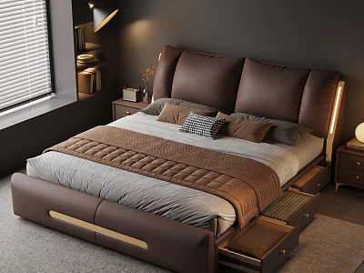 Modern Bedroom Interior With Brown Leather Bed Headboard Cushions Gray Bedding And Drawer Storage 3d model