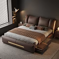 Modern Bedroom Interior With Brown Leather Bed Headboard Cushions Gray Bedding And Drawer Storage