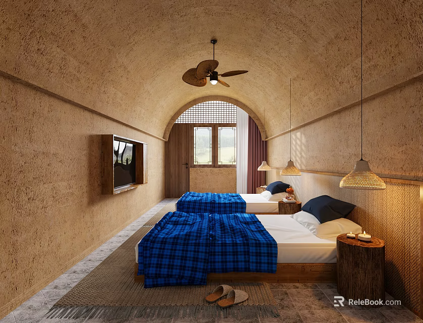 Hotel Room Interior With Arched Ceiling Ceiling Fan TV Two Beds And Blue Plaid Blankets 3d model 