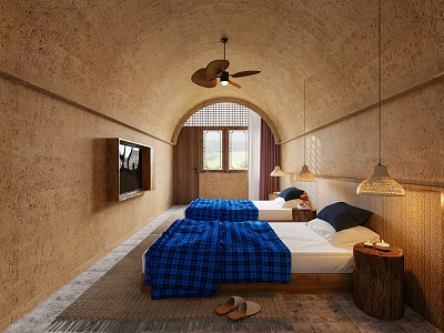 Hotel Room Interior With Arched Ceiling Ceiling Fan TV Two Beds And Blue Plaid Blankets 3d model